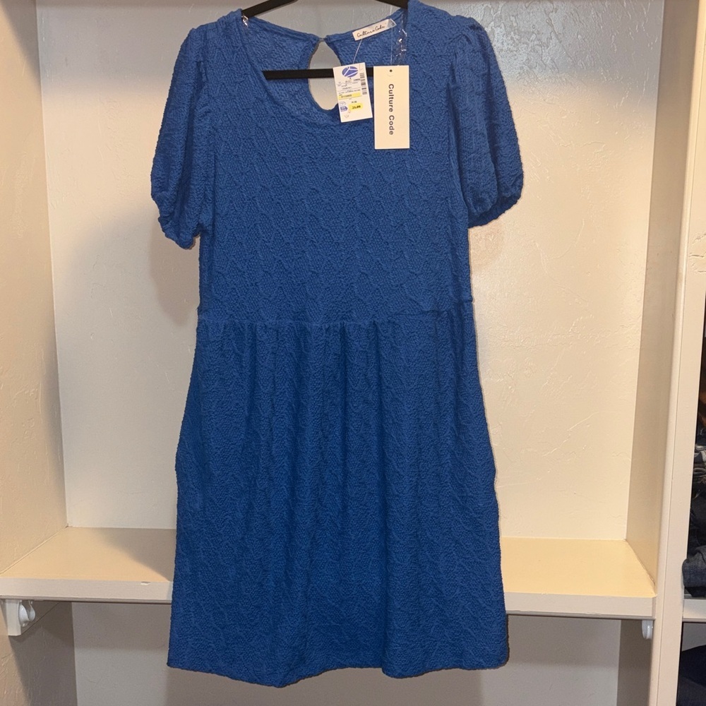 Blue Textured Puff-Sleeve Women's Dress
